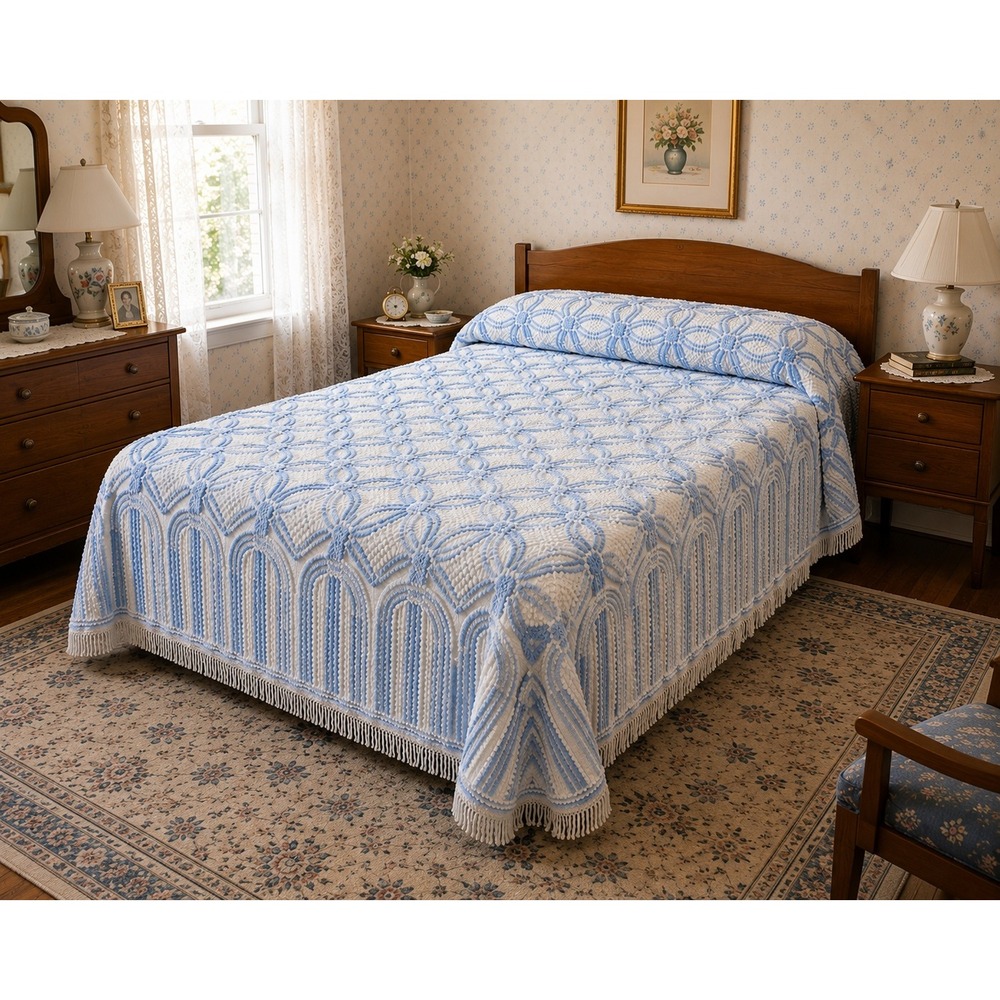 Vintage Blue White Chenille Bedspread Queen 84x100 Fringe Cottage Farmhouse